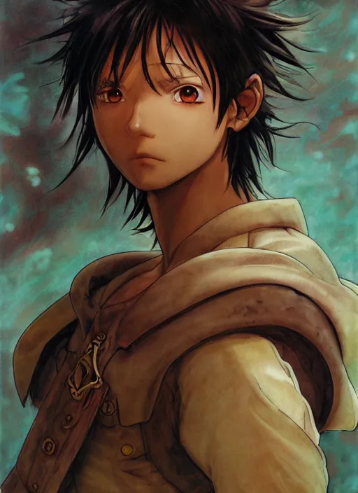 Image similar to prompt : ragnarok online portrait soft light painted by katsuhiro otomo and erik jones, inspired by akira anime, epic fantasy, a young long haired peasant boy with dark skin, brown skin, a dark complexation in plain fantasy clothing with intelligent eyes, intricate oil painting, high detail illustration, sharp high detail, manga and anime 1 9 9 9