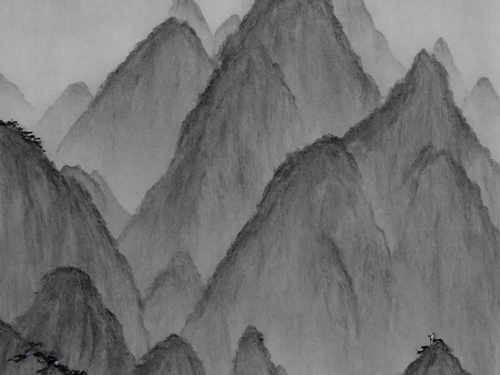 Image similar to a beautiful black ink painting of the mountainous landscape of huangshan with a buddisht temple on the hilltop on a rainy day, with a monk with a walking stick. closeup