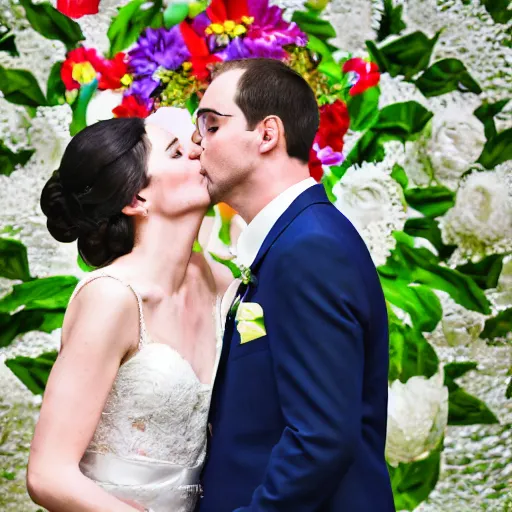 Image similar to the groom kisses the bride at a wedding full of flowers, bright and happy, art, highly detail, 4 k realistic, wedding photo, by charles angrand