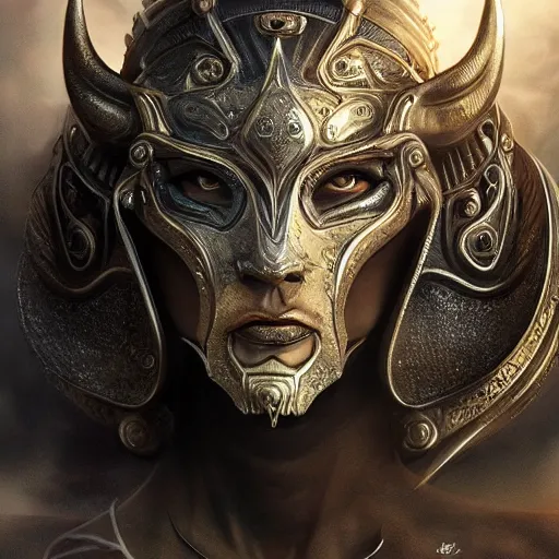 Image similar to Very very very very highly detailed epic photo of face with bull venetian mask, intricate, dystopian, sci-fi, extremely detailed, digital painting, artstation, concept art, smooth, sharp focus, illustration, intimidating lighting, incredible art by Artgerm and Vincent di Fate