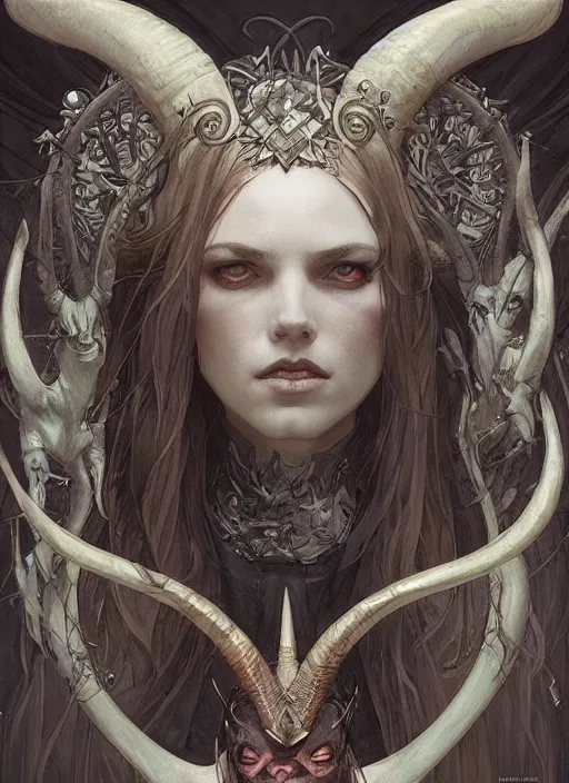 Image similar to a beautiful illustration of a satanic witch with horns in head, intricate, sharp focus, illustration, highly detailed, digital painting, concept art, matte, art by wlop and artgerm and greg rutkowski and alphonse mucha, masterpiece