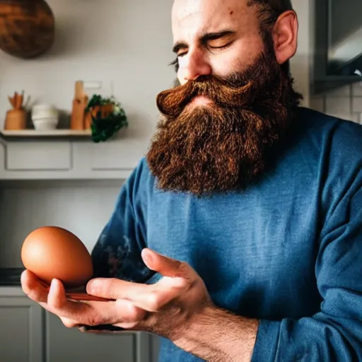 Prompt: a humanlike bearded god in a kitchen, cracking an egg shaped like the planet earth into a bowl