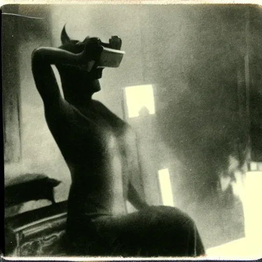 Image similar to an ancient demon-girl using a VR headset, mist , 1910 Polaroid photo, Black and white