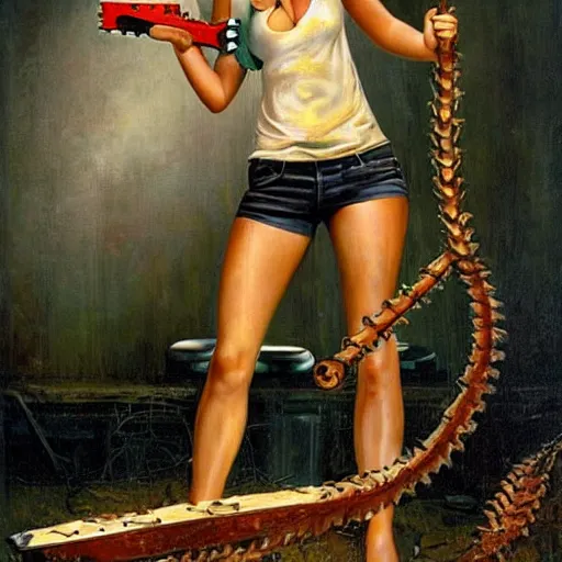 Prompt: bar refaeli with an unhinged expression, holding a chainsaw, by normal rockwell and michael cheval
