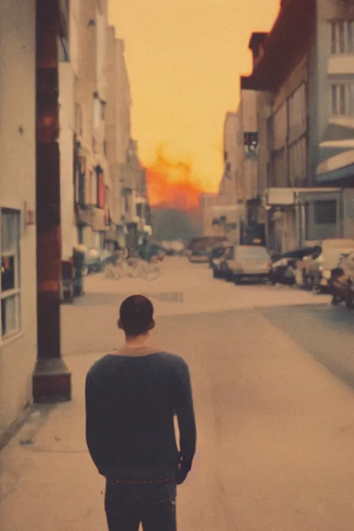 Prompt: kodak ultramax 4 0 0 photograph of a skinny guy standing in street, back view, looking at burning sky, grain, faded effect, vintage aesthetic, vaporwave colors,