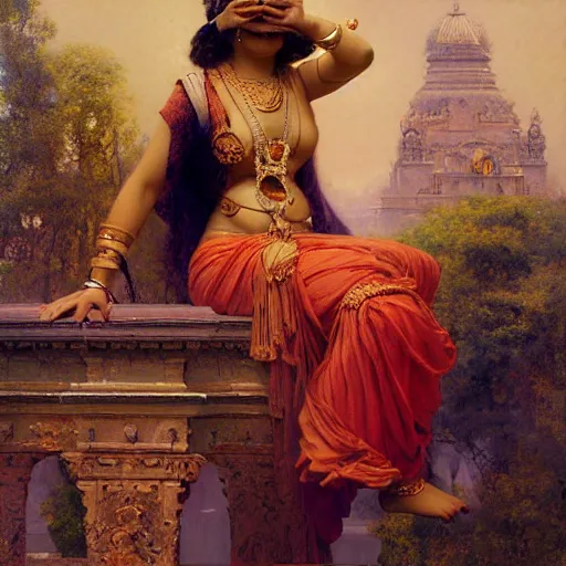 Prompt: detailed full body of hindu traditional woman blindfolded high - tech vr headset waliking risky thin bridge in sky in baroque style, girl graceful,, painting by gaston bussiere, craig mullins, j. c. leyendecker, lights, art by ernst haeckel, john william godward, hammershøi,,