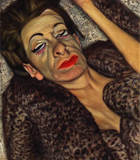 Image similar to a high quality, high detail, portrait of a drag queen by lucian freud, moody, nostalgic