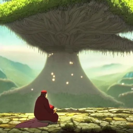 Image similar to a cell - shaded cartoon movie still from princess mononoke ( 1 9 9 7 ) of a middle eastern imam kneeling in prayer. a golden ufo is in the sky. very dull muted colors, hd, 4 k, hq