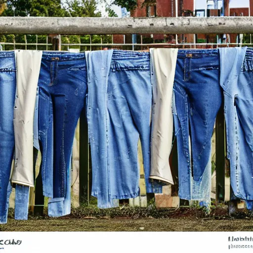 Image similar to i love feeling free and unrestricted in my denim jeans. the fresh air and blue sky feel so good on my skin, and i can't help but smile as i take it all in. standing here, surrounded by fences with other girl's clothes hanging out to dry, feels like a sign that life is still worth living.