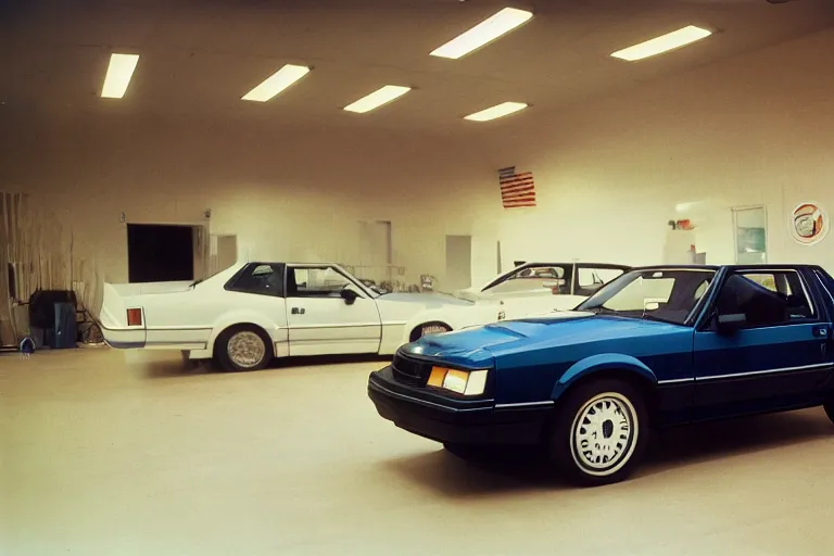 Image similar to 1985 Fox Body Mustang inside of an auto dealership, ektachrome photograph, volumetric lighting, f8 aperture, cinematic Eastman 5384 film