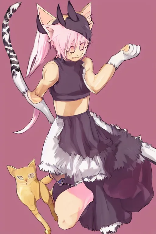 Prompt: muscular catgirl, nekomimi, athletic female form with cat ears and tail, graceful, flexible, wearing modest dress with pastel skirt