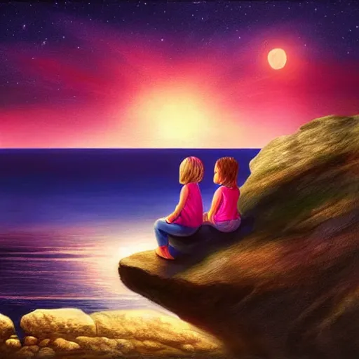 Image similar to stunning painting of a girl and a boy watches the sea, on the edge of the sea at the rocks, night, starts, front edge islands with night lights, by digital art, awarded