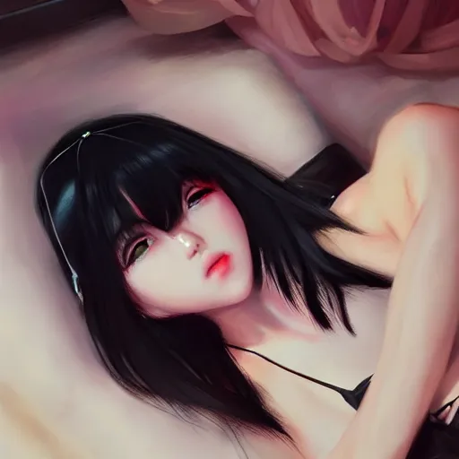 Image similar to realistic detailed semirealism beautiful gorgeous cute Blackpink Lalisa Manoban sleeping, black hair black cat ears, black leather choker, proportional body, WLOP, Aztodio, Taejune Kim, sakimichan, ArtGerm, Pixiv, Instagram, Artstation