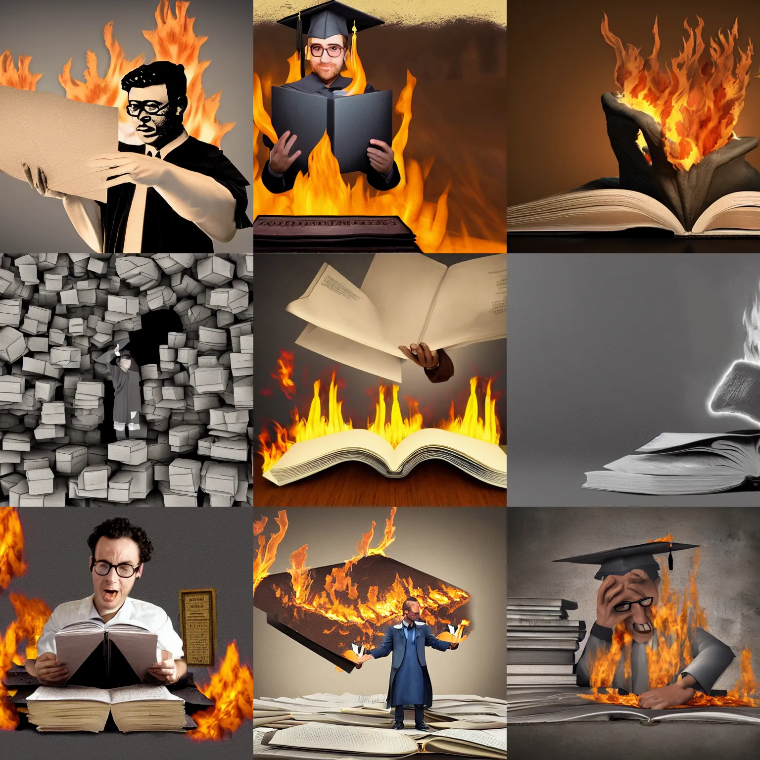 Prompt: 3d matte painting of Shocked Scholar holds burning academic paper