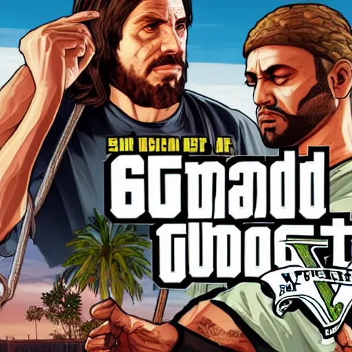 Image similar to Jesus and Mohammed in GTA V, Cover art by Stephen Bliss, Boxart, loading screen