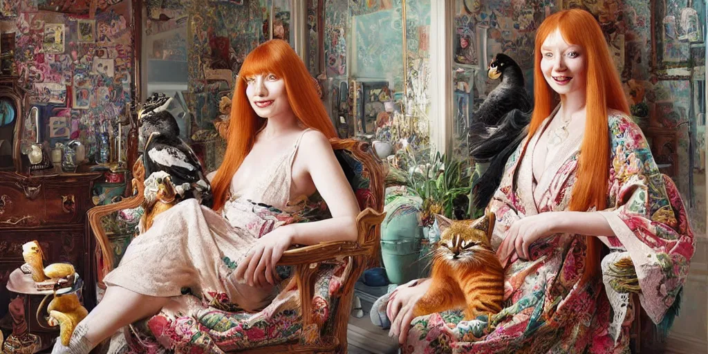 Prompt: a stunning hyper-detailed photorealistic painting of a slender beautiful smiling woman with long ginger hair and bangs, wearing a luxurious silk robe, wearing headphones and posing with her large ginger tabby cat and her raccoon and parrots in an overstuffed easy chair in her sunlit victorian living room, holding a porcelain parrot-shaped coffee mug and a donut, perfect eyes, fashion photography, cinematic lighting, octane render, IBEX Masters, unreal engine, 85 mm lens,