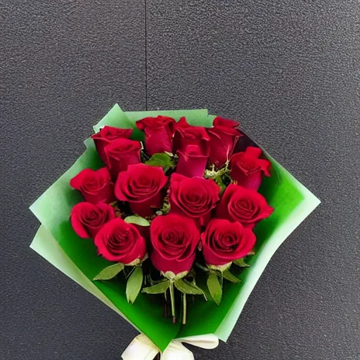 Prompt: a full bouquet of 1 5 roses, dark red in the center and then the roses get lighter as they reach the edge of the bouquet