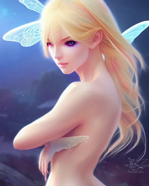 Image similar to 3 / 4 view of a blonde woman with fairy wings, confident pose, pixie character, video game genshin impact, cell shaded anime intricate, elegant, sharp focus, illustration, highly detailed, concept art, matte, magali villeneuve, artgerm, anime, trending on artstation