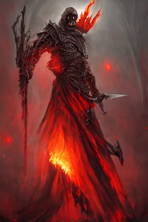 Image similar to undead flame knight with blade arms, digital art, trending on artstation, professional illustration by seb mckinnon, david romero, artgerm, ultra detailed, fantasy, unsettling, creepy, horror