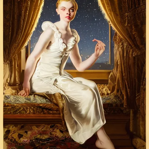 Image similar to leyendecker and peter paul rubens, head and shoulders portrait of a elle fanning by the fireplace, nighttime, starry sky outside the window, unreal engine, fantasy art by global illumination, radiant light, detailed and intricate environment