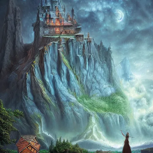 Prompt: 🧝👑🌌🌉🌕💮, realistic painting, high definition, digital art, matte painting, very detailed, realistic