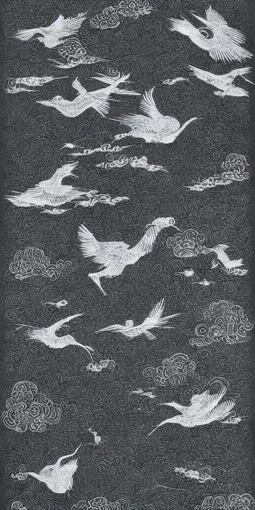 Prompt: black paper, an intricate old fashioned depiction of chinese crane, chinese auspicious cloud pattern surrounds it, symmetre, elaborate ink illustration by wu daozi, qiu ying