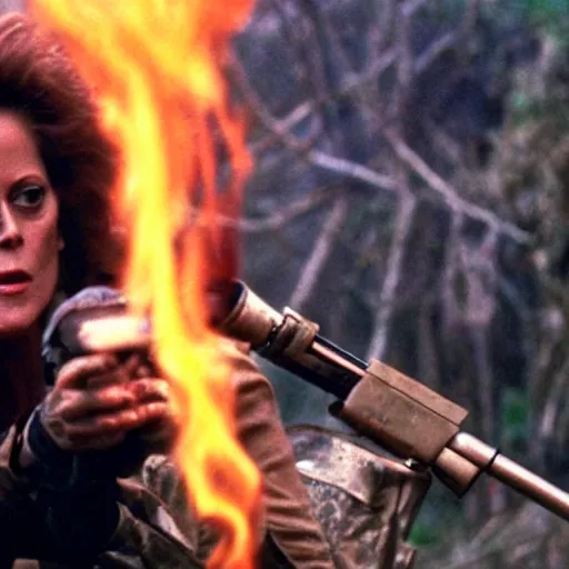 Image similar to film still of a mud - covered sigourney weaver as major dutch holding a flame thrower and hiding behind a rock from the predator in predator 1 9 8 7, hd, 8 k