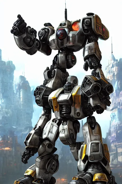 Image similar to mechwarrior 5 : mercenaries mech megaman transformer robot boss tank engine game octane render, 4 k, hd 2 0 2 2 3 d cgi rtx hdr style chrome reflexion glow fanart, global illumination ray tracing hdr fanart arstation by ian pesty by jesper ejsing pixar and disney unreal zbrush central hardmesh