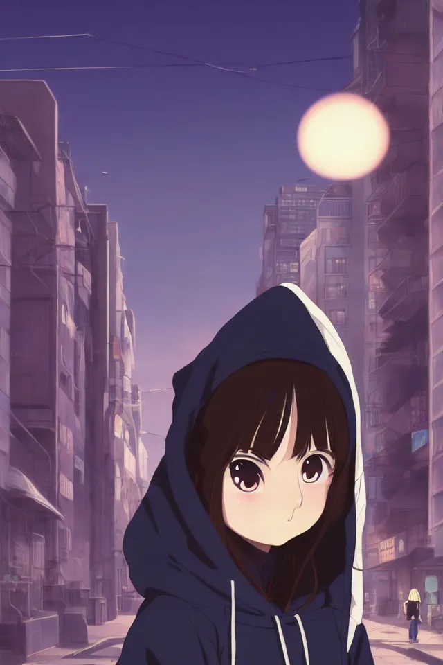 Prompt: anime visual, portrait of a young black haired girl wearing hoodie on the city street background, one person, cute face by yoh yoshinari, katsura masakazu, studio lighting, half body shot, strong silhouette, anime cels, ilya kuvshinov, cel shaded, crisp and sharp, rounded eyes