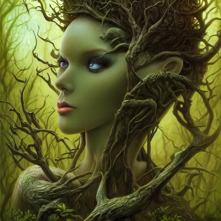 Prompt: female dryad, dark forest, surreal, nature, light shining through, hyper - realistic, highly detailed, sharp focus, smooth, intricate, boris vallejo art style