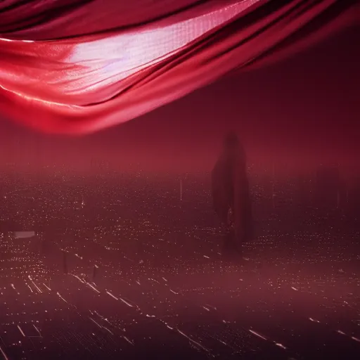 Image similar to a person enveloped in red silk cloth that blows in the wind stands in a dytopian highly detailed city at night, with volumetric lights in the distance. atmospheric light, rendering, octane, redshift