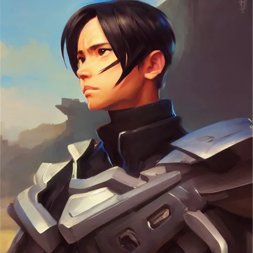 Image similar to greg manchess portrait painting of kirito as overwatch character, medium shot, asymmetrical, profile picture, organic painting, sunny day, matte painting, bold shapes, hard edges, street art, trending on artstation, by huang guangjian and gil elvgren and sachin teng