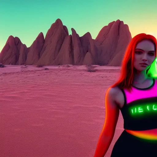 Image similar to a girl glowing with neon colors in the middle of a beautiful desert sunrise, photorealistic, 8k resolution, octane render, unreal engine