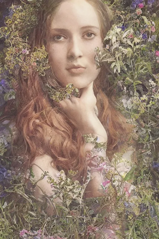 Image similar to An extremely beautiful pre-raphaelite ornate portrait of a very beautiful witch, ultradetailed, intricate, elegant, digital art painting, concept art, smooth, sharp focus, magazine art cover illustration, regal, award winning picture, extremely detailed masterpiece, sense of awe, featured on Artstation, Artgerm, ethereal bubbles, Aetherpunk, atmospheric lightning, Exquisite floral details, 8K detail post-processing