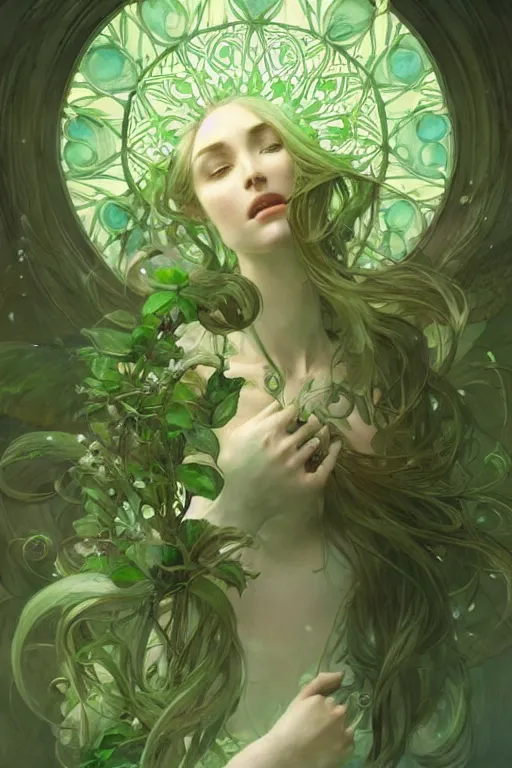 Image similar to perfect green, dreamy and ethereal,, fantasy, intricate, elegant, highly detailed, digital painting, artstation, concept art, smooth, sharp focus, illustration, art by artgerm and greg rutkowski and alphonse mucha
