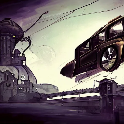 Image similar to dishonored art style retrofuturism car concept, deponia art style