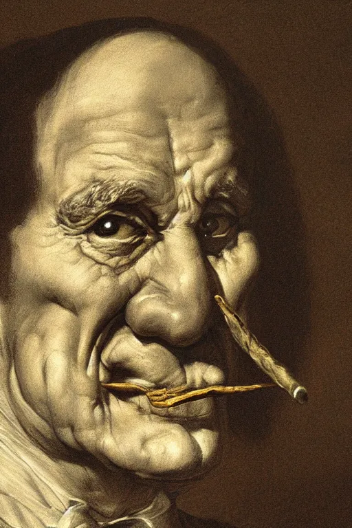 Prompt: hyperrealism close-up portrait of an ugly nose itself, with cigar, cockroaches in style of Francisco Goya