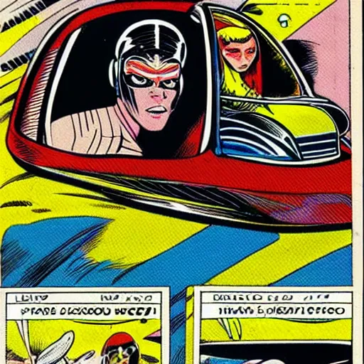 Image similar to alien male race car driver in a 70s comic book, retro, colorful, dynamic, futuristic