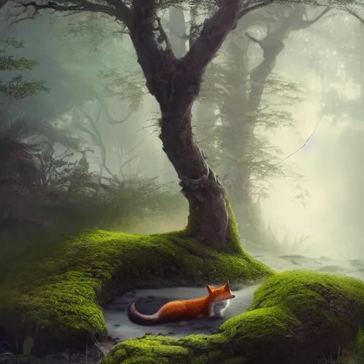 Prompt: tom bagshaw, soft painting render curiosities pond vegetation rocks covered moss scintillating, beautiful running fox, accurate features, focus, very intricate ultrafine details, random volumetric lighting, dense fog, award winning masterpiece, octane render 8 k hd, artstation