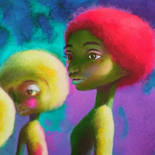 Image similar to a black girl with a colorful afro and big cute eyes doing ballet, bright colours, bokeh!! watercolor, volumetric wool felting, macro photography, children illustration, by goro fujita