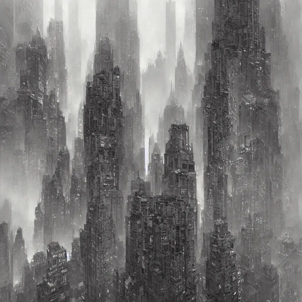 Image similar to detailed cinematic low angle shot of new york skyscrappers in grey scale colors, spring light, painting by gaston bussiere, craig mullins, j. c. leyendecker