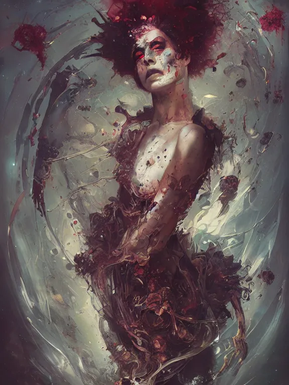 Image similar to a splatterpunk portrait of the contemplation of the universe, hyperrealistic, award-winning, in the style of Tom Bagshaw, Cedric Peyravernay, Peter Mohrbacher