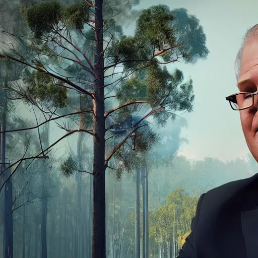 Prompt: Prime Minister Scott Morrison selfie by a forest fire, not holding a hose, smoke, koala bear in tree, cinematic, hyper realism, high detail, vivid colors, octane render, unreal engine, 8k