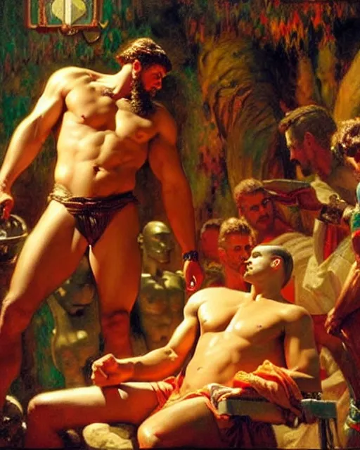 Prompt: muscular zeus watches closely as a handsome, attractive male doctor performs surgery on a patient, bright colors, painting by gaston bussiere, craig mullins, j. c. leyendecker