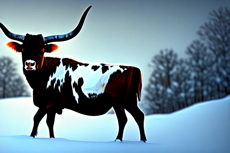 Image similar to an winter painting of a longhorn steer on a high bluff, key visual, concept art, extremely moody lighting, highly detailed, digital painting, artstation, unreal engine