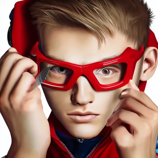 Prompt: a blonde teenager, goggles, red jacket, knife in his mouth, knife in right hand, knife in his left hand, photorealistic, hd, high details, detailed portrait