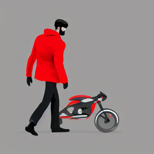 Image similar to man with a red jacket walking toward a red futuristic racing motorbike, isometric view from behind, gray background, ink drawing, panoramic view, wide angle, ultra realistic, intricate details, cyberpunk, ultra detailed, sharp focus, trending on artstation