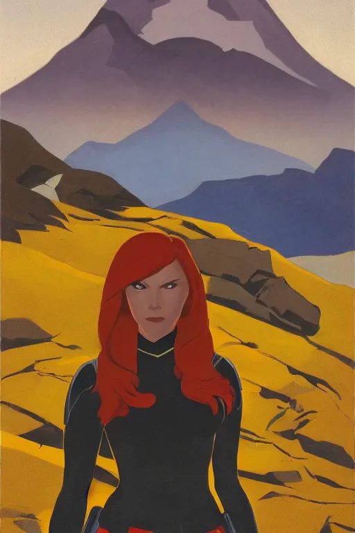 Image similar to black widow ( natasha romanova ) on mountains, marvel, artwork by nicholas roerich,