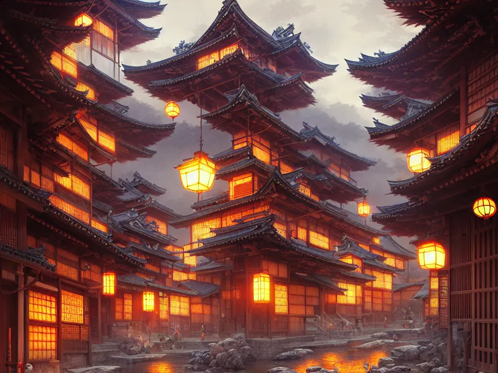 Image similar to old japanese town, d & d digital painting, intricate details, ultra realistic, beautiful, volumetric lighting, warm colors advance, cell shading, by james jean, greg rutkowski, gerald brom, wlop