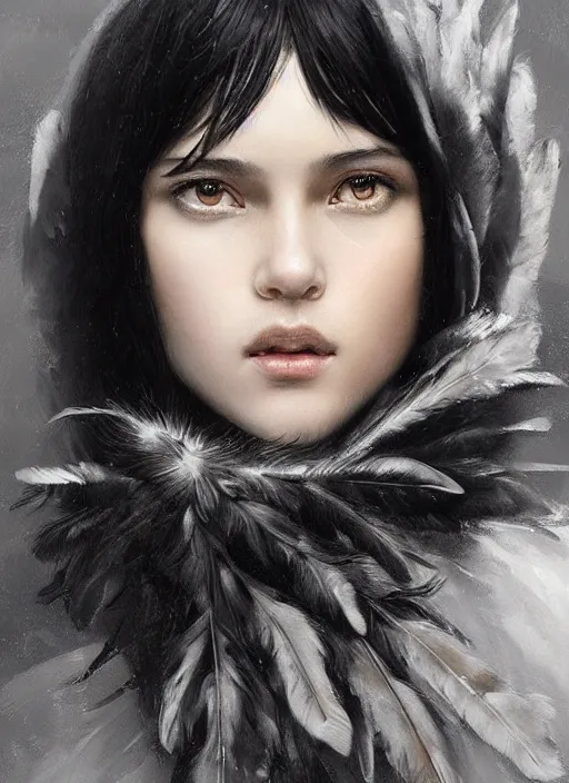 Prompt: a teenage girl with very short black hair and a huge cloak made of grey and black feathers. beautiful highly detailed face. beautiful painting by artgerm and greg rutkowski and raymond swanland, portrait